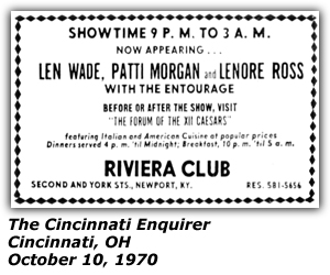 Promo Ad - Riviera Club - Newport, KY - Len Wade - Patti Morgan - Lenore Ross - The Entourage - October 10, 1970