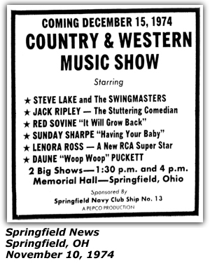 Promo Ad - Springfield (OH) Navy Club - Lenora Ross - Steve Lake and the Swingmasters - Jack Ripley - Red Sovine - Sunday Sharper - Duane Puckett - November 1974