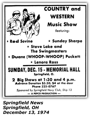 Promo Ad - Memorial Hall - Springfield, OH - Red Sovine - Sunday Sharpe - Steve Lake and the Swingmasters - Duane Puckett - Lenora Ross - December 1974