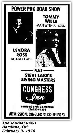 Promo Ad - Congress Inn - Tommy Wills - Lenora Ross - Steve Lake's Swingmasters - February 9, 1976