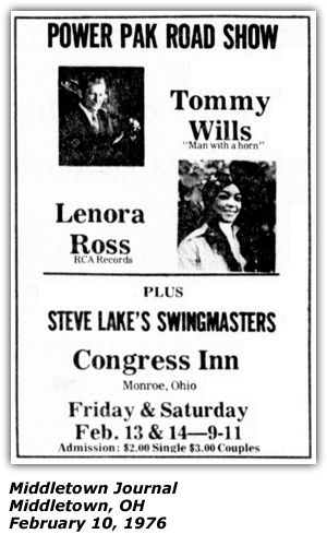 Promo Ad - Promo Ad - Congress Inn - Tommy Wills - Lenora Ross - Steve Lake's Swingmasters - February 10, 1976