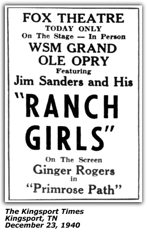 Promo Ad - Jim Sanders and his Ranch Girls - Kingsport, TN - December 1940
