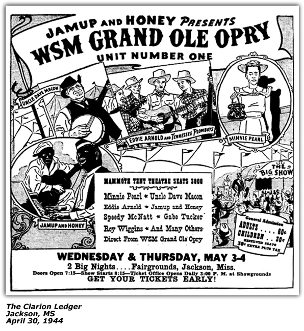Promo Ad - Sketch - Jamup and Honey Present WSM Grand Ole Opry Unit Number One - Uncle Dave Macon - Eddy Arnold - Minnie Pearl - Jamup and Honey - Jackson, MS - April 1944