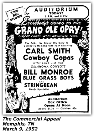 Promo Ad - Auditorium - Memphis, TN - Carl Smith - Cowboy Copas - Lazy Jim Day - Bill Monroe - Stringbean - March 1952