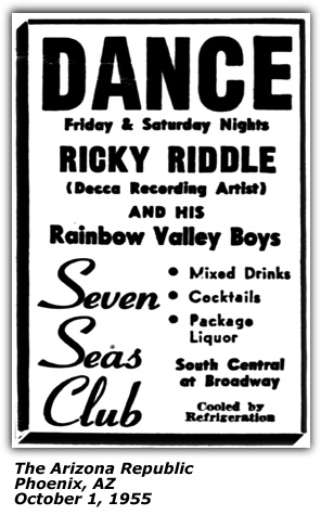 Promo Ad - Seven Seas Club - Ricky Riddle and his Rainbow Valley Boys - October 1955