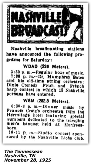 Radio Logs - WSM and WDAD - November 28, 1925 - The Tennssean