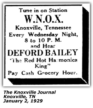 Promo Ad - WNOX - Knoxville, TN - DeFord Bailey - The Red Hot Harmonica King - January 1929