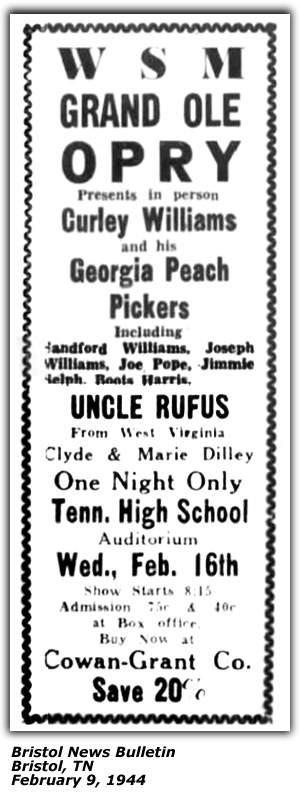 Promo Ad - Tennesse High School - Bristol, TN - Grand Ole Opry - Curley Williams and his Georgia Peach Pickers - Uncle Rufus - Clyde and Marie Dillehe - February 1944