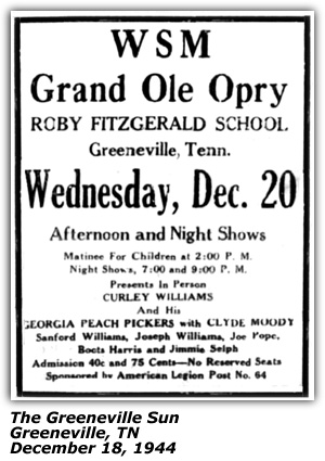 Roby Fitgerald School - Greeneville, TN - Grand Ole Opry - Georgia Peach Pickers - Curley Williams - Clyde Moody - Boots Harris - Jimmy Selph - December 1944