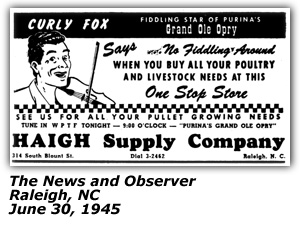 Promo Ad - Purina's Grand Ole Opry - Curly Fox - Raleigh, NC - June 1945
