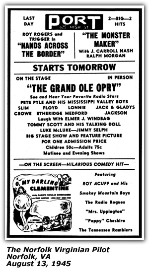 Promo Ad - Port Theater - Norfolk, VA - Grand Ole Opry - Pete Pyle - Floyd Etheridge - Tommy Scott - Luke McLuke - Jimmy Selph - August 1945