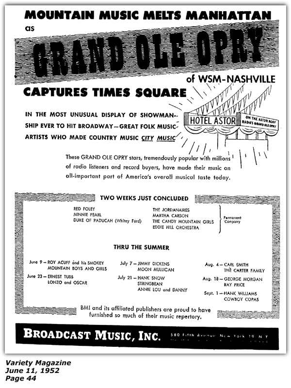 Promo Ad - Astor Roof - Grand Ole Opry - New York, NY - Red Foley - Minnie Pearl - White Ford - The Jordanaires - Eddie Hill - Roy Acuff - Ernest Tubb - Carter Sisters - Carl Smith - Hank Snow - BMI - June 1952