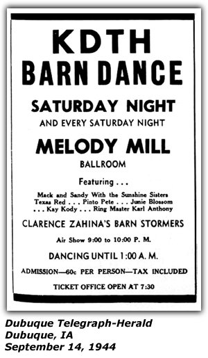 Promo Ad - KDTH Barn Dance - Mack and Sandy Ford - Sunshine SIsters - Texas Red - Pinto Pete - Junie Blossom - Kay Kody - Karl Anthony - Clarence Zahina's Barn Stormers - Dubuque, IA - Sep 14, 1944