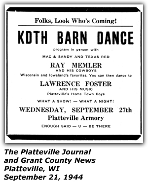 Promo Ad - KDTH Barn Dance - Mack and Sandy Ford - Texas Red - Lawrence Foster and his Music - Ray Memler and his Cowboys - Platteville Armory - Platteville, WI - Sep 21, 1944