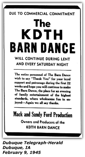 Promo Ad - KDTH Barn Dance - Mack and Sandy Ford - Dubuque, IA - Feb 1945