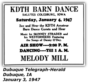Promo Ad - KDTH Barn Dance Salutes Colesburg, IA - Skinney Strader and his Westerners - Danny O'Day - Melody Mill - January 1947