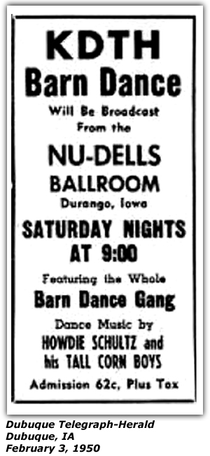 Promo Ad - KDTH Barn Dance - Nu-Dells Ballroom - Durango, IA - Howdie Schultz and his Tall Corn Boys - Feb 1950