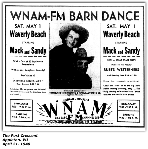 Promo Ad - WNAM-FM Barn Dance - Waverly Beach - Appleton, WI - Mack and Sandy Ford - Rube's Westerners - April 1948