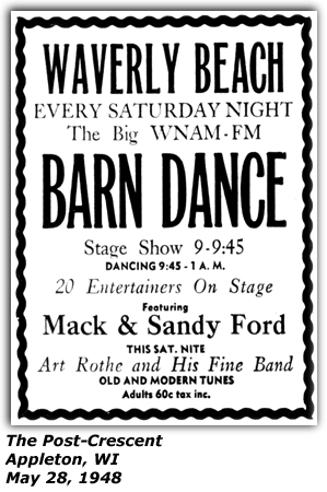 Promo Ad - WNAM-FM Barn Dance - Waverly Beach - Mack and Sandy Ford - Art Rothe and his Fine Band - Appleton, WI - May 1948