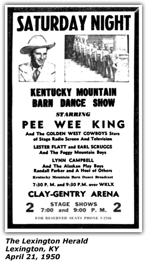 Promo Ad - Kentucky Mountain Barn Dance - Clay-Gentry Arena - Lexington, KY - Pee Wee King - Golden West Cowboys - Lester Flatt and Earl Scruggs - Foggy Mountain Boys - Lynn Campbell - Alaskan Playbous - WKLX