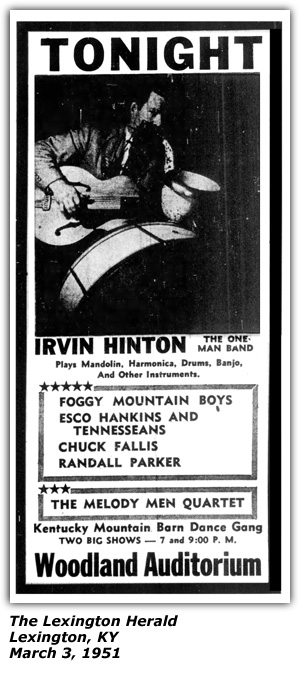 Promo Ad - Kentucky Mountain Barn Dance - Woodland Auditorium - Lexington, KY - Irvin Hinton - Foggy Mountain Boys - Esco Hankins - Chuck Fallis - Randall Parker - The Melody Men Quartet - March 1951