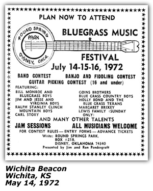 Promo Ad - Round Spring Park, Disney OK - Bluegrass Festival - Bill Monroe and Bluegrass Boys - Goins Brothers - Carl Story - Jim and Jesse - May 1972