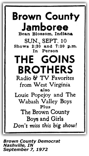 Promo Ad - Brown County Jamboree - Bean Blossom, IN - Goins Brothers - Louie Popejoy and the Wabash Valley Boys - Sep 1972