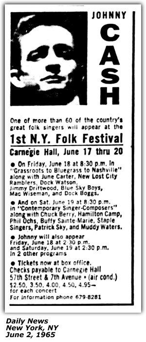 Promo Ad - First New York Folk Festival - Carnegie Hall - Johnny Cash - Dock Boggs - June 1965