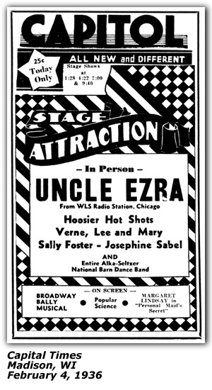 Promo Ad - Capitol Theater - Madison, WI - Uncle Ezra - Hoosier Hot Shots - Verne, Lee and Mary - Sally Foster - Josephine Sabel - February 1936