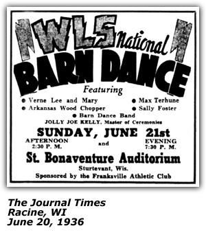 Promo Ad - St. Bonaventure Auditorium - Racine, WI - WLS National Barn Dance - Sally Foster - Joe Kelly - Max Terhune - Verne Lee and Mary - Arkansas Wood Chopper - June 1936