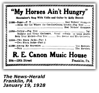 Promo Ad - My Horses Ain't Hungry - Kelly Harrell - 1928