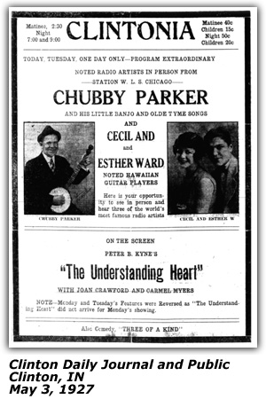 Promo Ad - Clintonia - Chubby Parker - Cecil and Esther Ward - Clinton, IN - May 1927