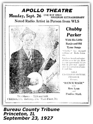 Promo Ad - Apollo Theatre - Princeton, IL - Chubby Parker - September 1927