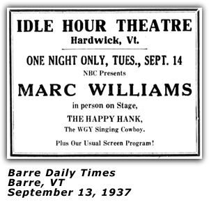 Promo Ad - Marc Williams - Idle Hour Theatre - Hardwick VT; 1937