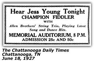 Promo Ad - Jess Young Champion Fiddler - Chattanooga - June 1927