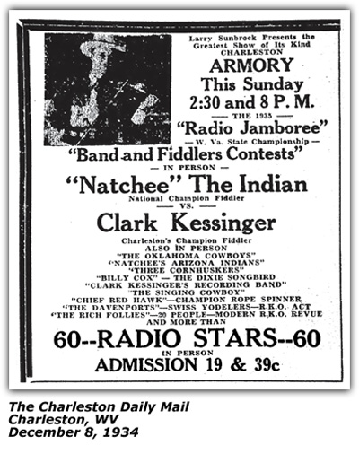 Natchee v Clark Kessinger Fiddle Contest Promo - Charleston WV 1934