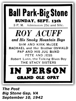 Promo Ad - Ball Park - Big Stone Gap, VA - Roy Acuff - Sam and Kirk McGee - Pap and his Jug Band - Brother Oswald - Rachel - Stacy Sisters - Robert Lunn - September 1942