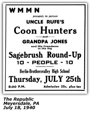 Promo Ad - Uncle Ruge's Coon Hunters - Grandpa Jones and his Grandsons - Berlin-Brothersvalley High School - July 1940