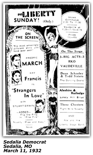 Promo Ad - Liberty Theatre - Aleshire & Rutledge - Lennie Aleshire - Floyd (Goo-Goo) Rutledge - Sedalia, MO - March 1932