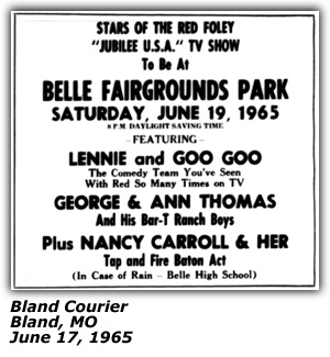 Promo Ad - Belle Fairgrounds Park - Lennie and Goo-Goo - George and Nann Thomas and his Bar-T Ranch Boys - Bland, MO - June 1965