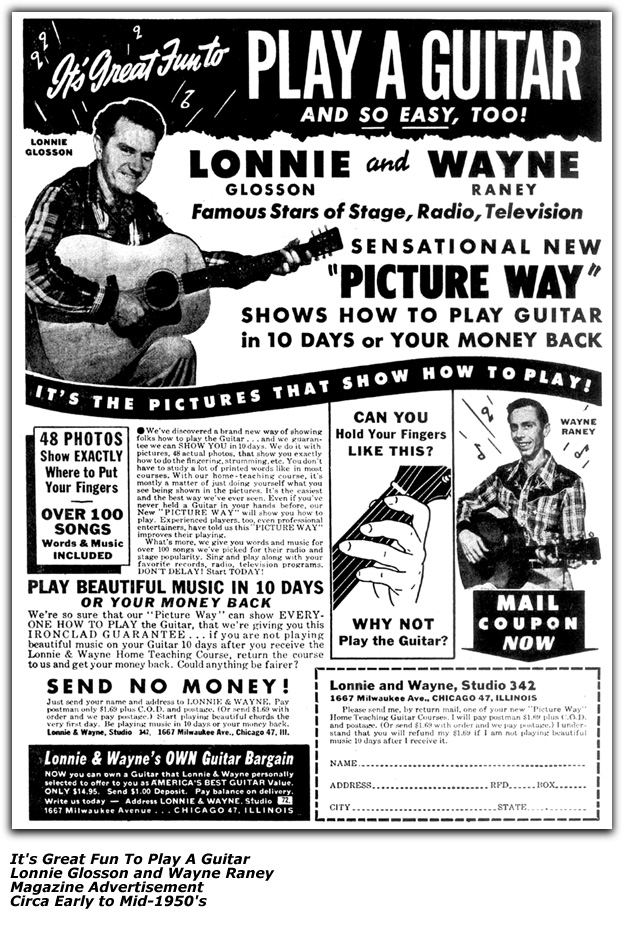 Magazine Ad - Learn Guitar - Lonnie Glosson, Wayne Raney - 1950's