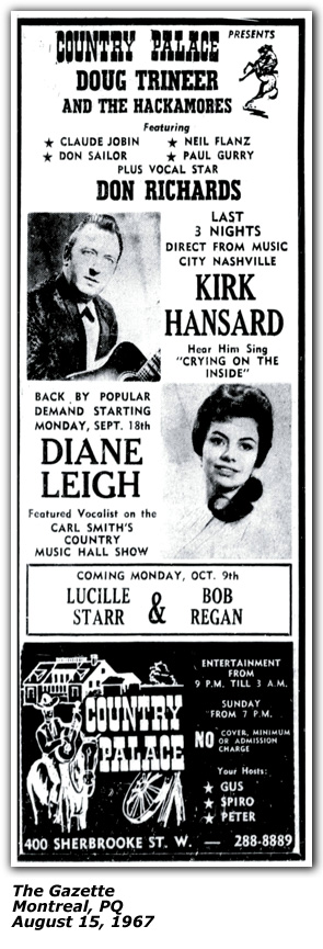 Promo Ad - Country Palace - Montreal - Dianne Leigh - August 15 1967