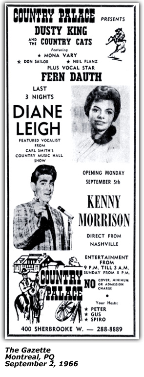 Promo Ad - Country Palace - Montreal - Dianne Leigh - September 2, 1966