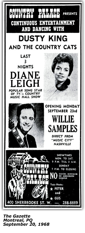 Promo Ad - Country Palace - Montreal - Dianne Leigh - September 20 1968