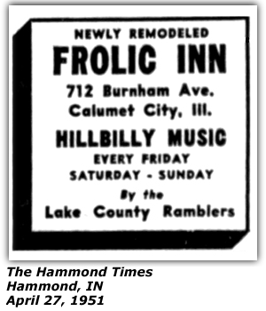 Promo Ad - Frolic Inn - Calumet City, IL - Lake County Ramblers - APril 1951