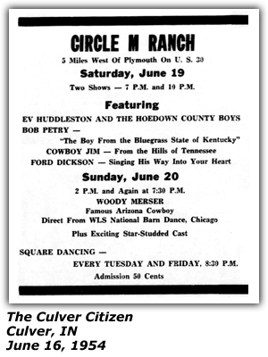 Promo Ad - Circle M Ranch - Culver, IN - Ev Huddleston and the Hoedown County Boys - Bob Petry - Cowboy Jim - Ford Dickson - Woody Mercer - June 1954