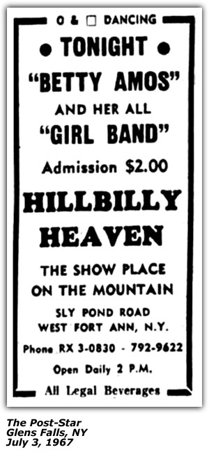 Promo Ad - Hillbilly Heaven - Betty Amos - Glens Falls, NY - July 1967