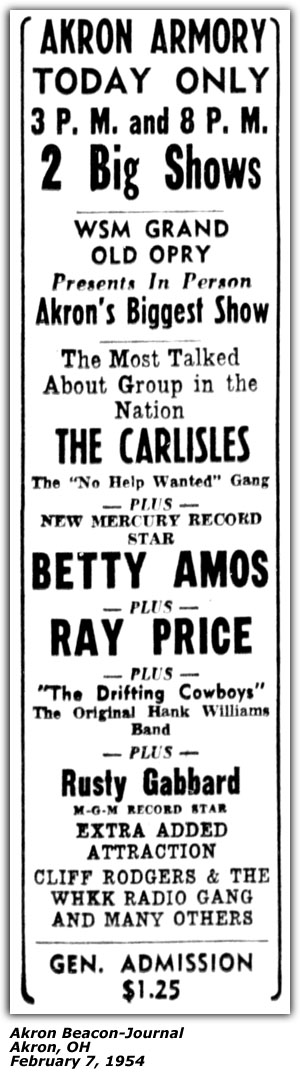 Promo Ad - Akron Armory - The Carlisles - Betty Amos - Ray Price - The Drifting Cowboys - Rusty Gabbard - Cliff Rodgers - February 1954