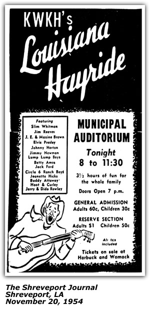 Promo Ad - Louisiana Hayride - Betty Amos - Elvis Presley - Shreveport, LA - November 1954