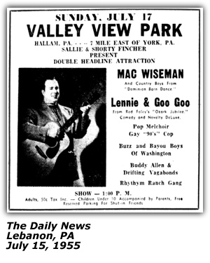 Promo Ad - Valley View Park - Buzz and Bayou Boys of Washington - July 1955